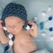 Baby Boy Hat, Newborn Baby Boy Crochet Hat Dark Blue and White Earflap PomPom , Great for Photo Prop