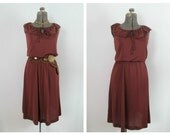 Copper Brown Ruffled Dress Vintage 1970s 1980s Feminine  Classic