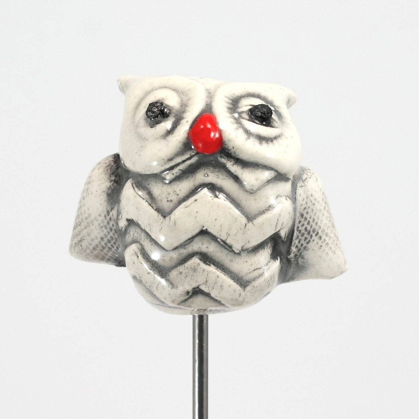 Plant Stake: Owl "Pot-Pal" a ceramic sculpture for potted plants and gardens with chevron patterned chest