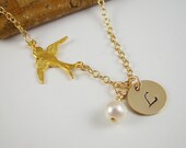 Personalized Gold Swallow Bird Necklace, Gold Initial Necklace
