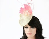 Ivory Straw Saucer Hat Races Headpiece Fascinator Light Weight Summer Hatinator Wedding Peach Coral Pink Feathers Cream Flower