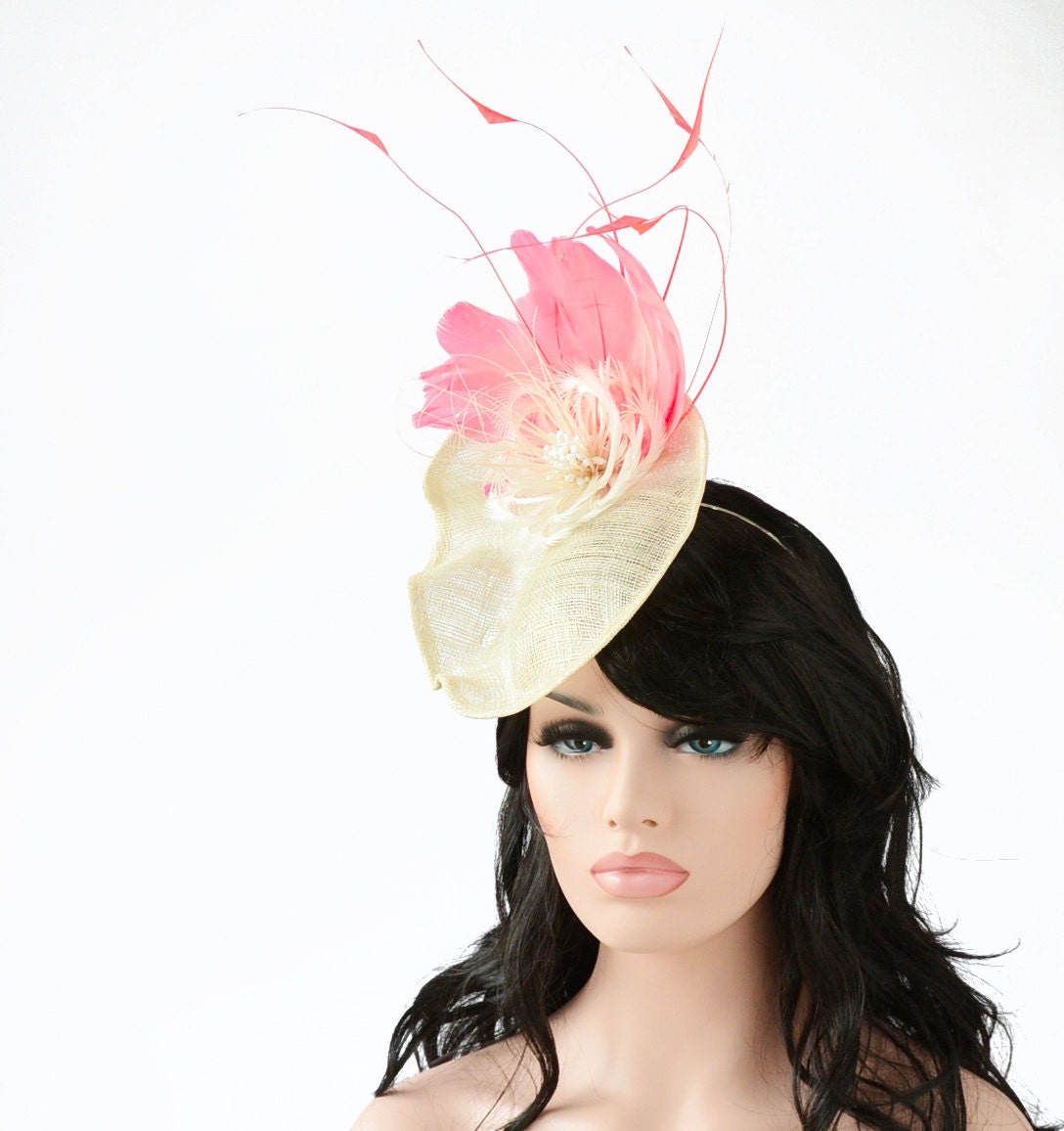 Ivory Straw Saucer Hat Races Headpiece Fascinator Light Weight Summer Hatinator Wedding Peach Coral Pink Feathers Cream Flower