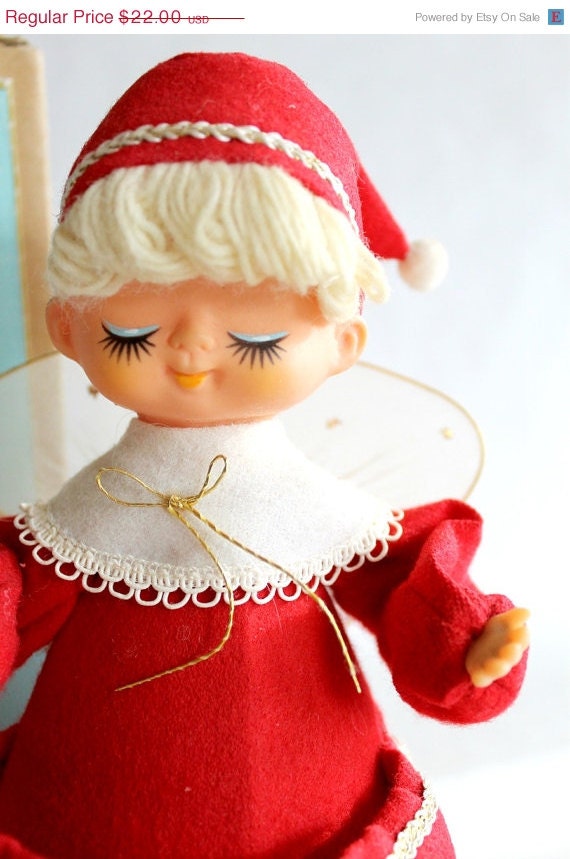 CLOSING SALE Reduced 50% Vintage Mid Century Angel Figurine in Red Felt Dress