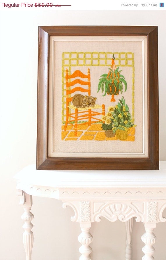CLOSING SALE Reduced 50% Vintage Framed Crewel Embroidery. Retro Garden Room Scene