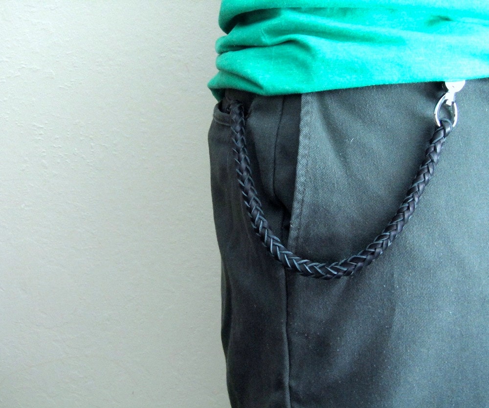 Thick Black Leather Hand Braided Wallet Chain