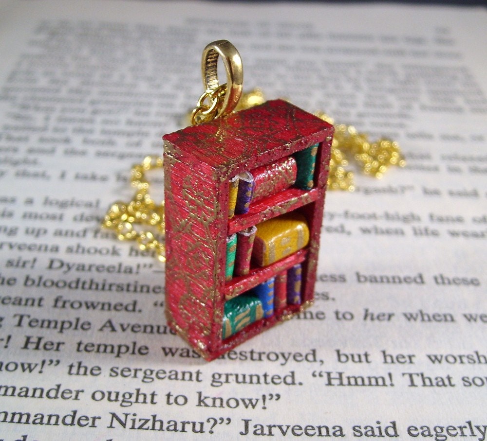 Miniature Bookcase Necklace Mini Book Case Charm Red with Gold Embossing
