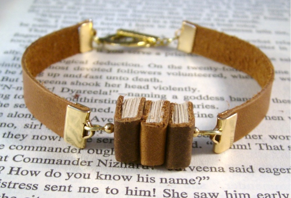 Miniature Book Bracelet The Stacks Stack of Three Miniature Books and Leather Bracelet Like Book Necklace