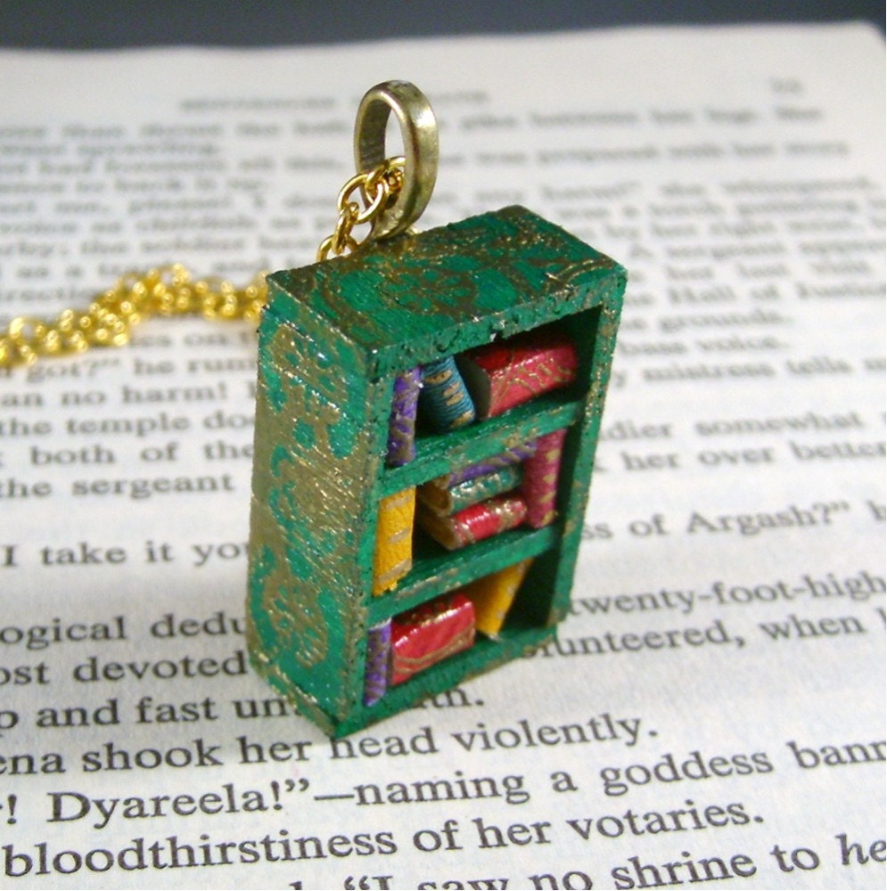 Miniature Bookcase Necklace Mini Book Case Charm Green with Gold Embossing