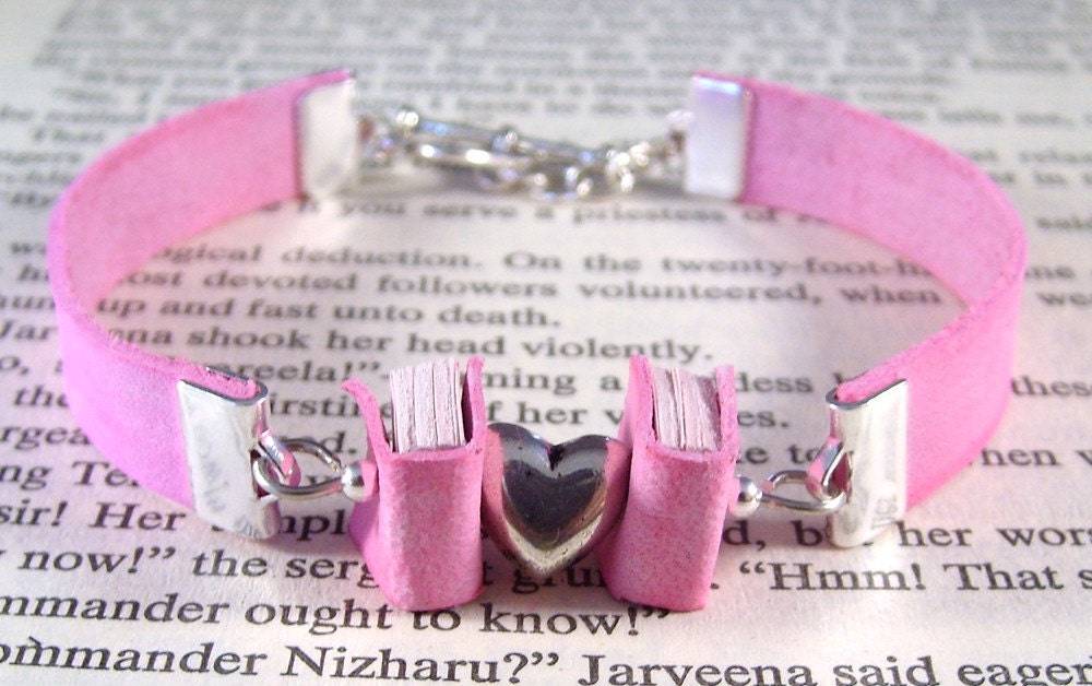 Miniature Book Bracelet My Hearts in Books Mini Stack of Books and Leather Bracelet Pink