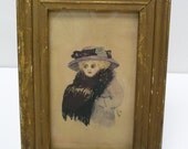 Antique 1908 Original Painting Portrait Framed Ink andWatercolor Woman in Muff ,Hat Signed Art