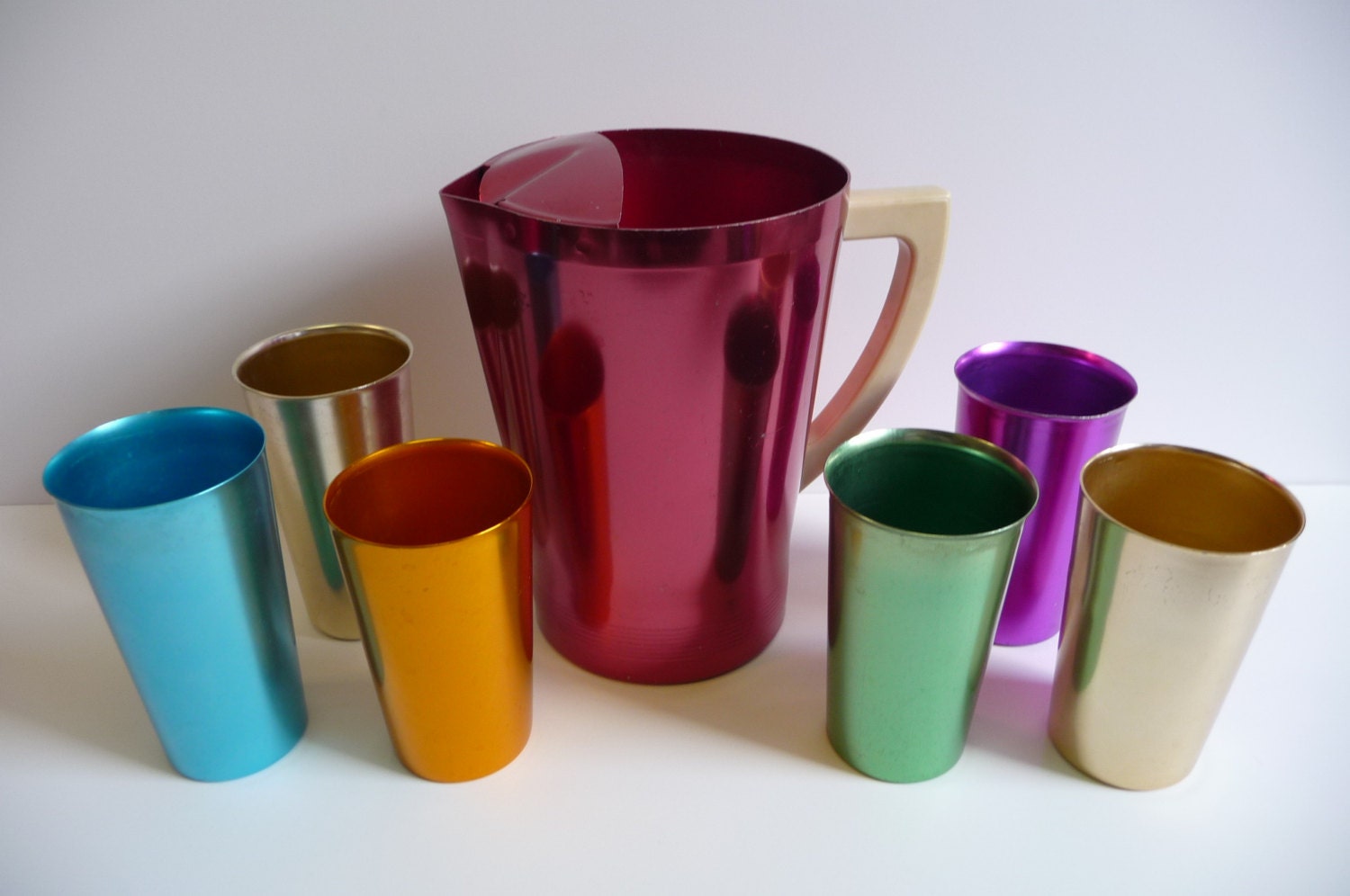 Vintage Anodized Aluminum Pitcher and 6 cups West Bend, Bascal, Variety of colors
