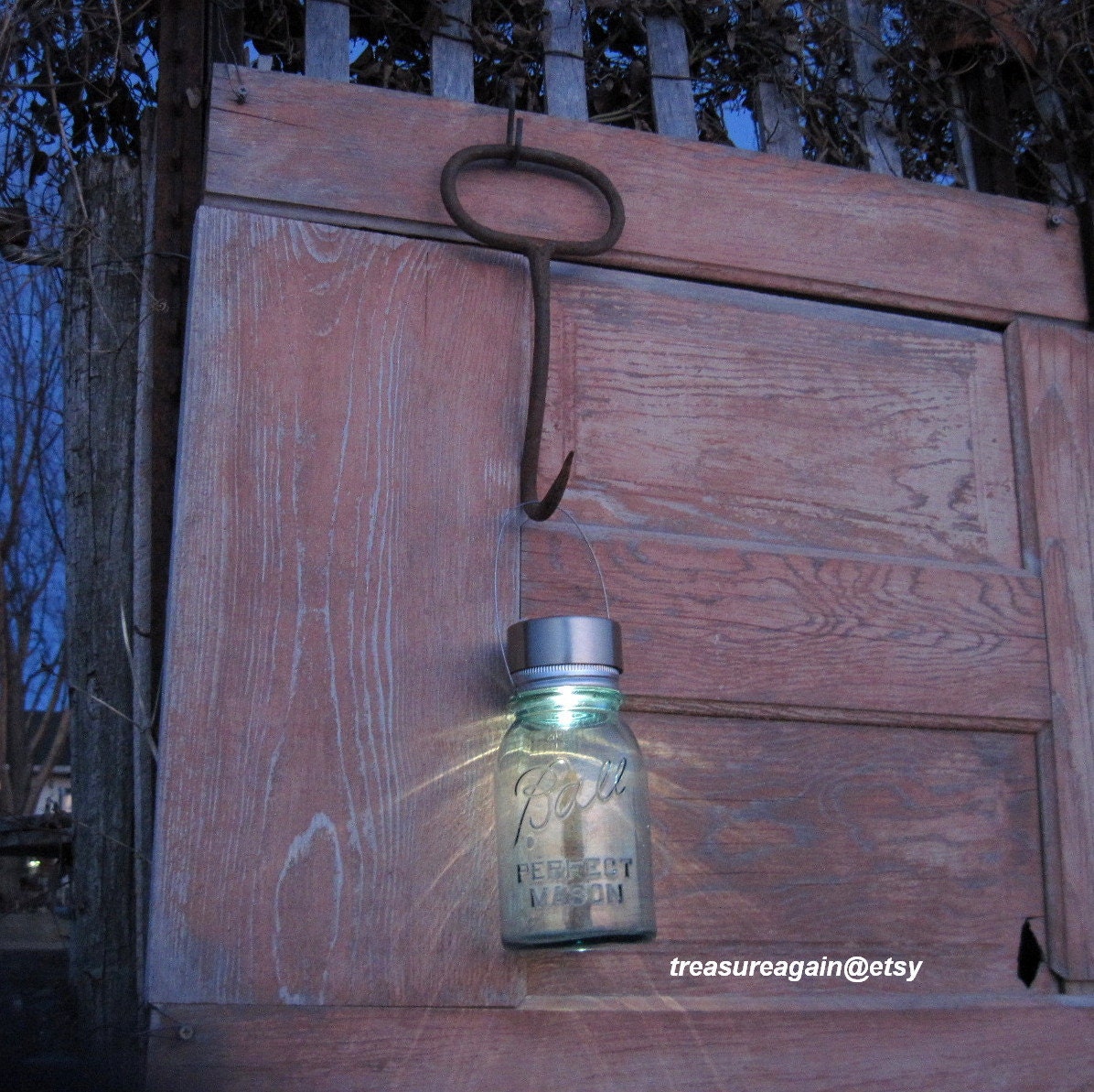 Recycled Garden Solar Light Rustic Hay Hook Garden Decor Mason Jar Solar Light Upcycled Gardening Tools Ball Jar Solar Lantern