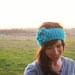 Crochet Headband Holiday in Turquoise with Flower--Ready to Ship