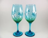 Dragonfly Wine Glasses Hand Painted Aqua Blue Set of 2
