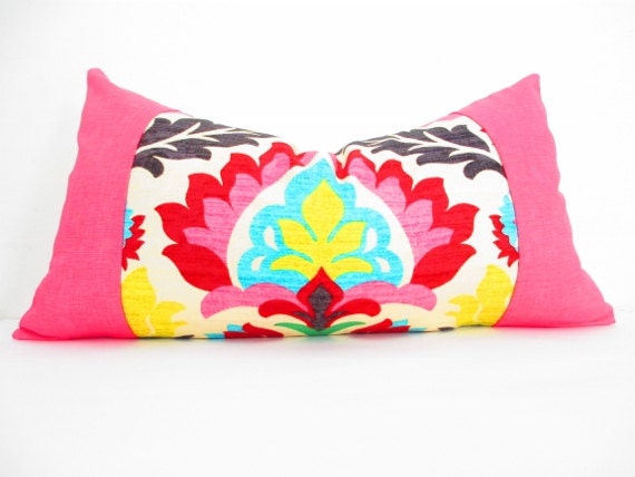 Bohemian Chic Decorative Designer Pillow Cover, Long Lumbar Pillow, Orange, Red, Olive Green and Yellow, Hot Pink Pillow Cushion