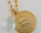 Pisces Necklace Birthstone - Gold Brass Pendant with Aquamarine Gemstone