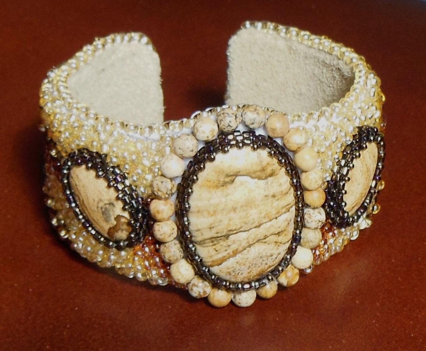 Bead Embroidered Cuff Bracelet "Two Elephants"with landscape jasper sandy brown cabochon OOAK