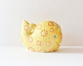 birthday sale // Vintage YELLOW Whale Ceramic Figurine - 1960s - Floral Flower Pattern - Kitsch Home Decor