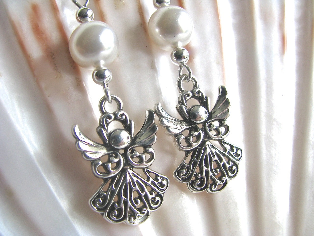 Silver Filigree Angel and White Faux Pearl LOng Dangly Earrings