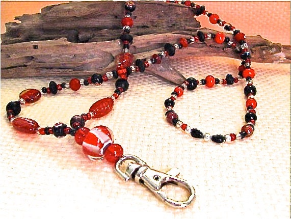 Red and Black Beaded Lanyard with Swivel Lobster Claw