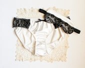 Ivory Satin and Black Lace Panties Bikini Cut Vintage Style with matching Sleep Mask / Blindfold Handmade to Order