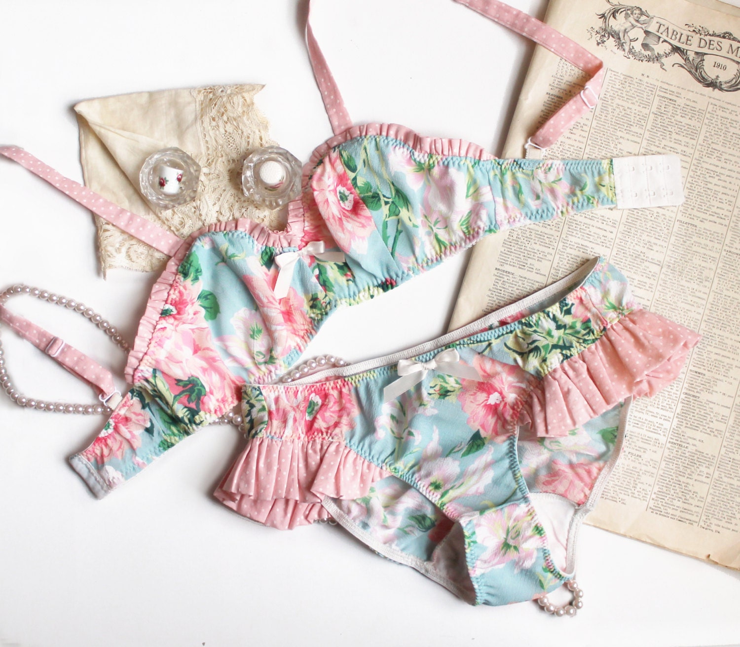 Bra and Panties Set 'Flora' in Mint and Pink Floral with Polka Dot Ruffle Detail Made to Order by Ohhh Lulu
