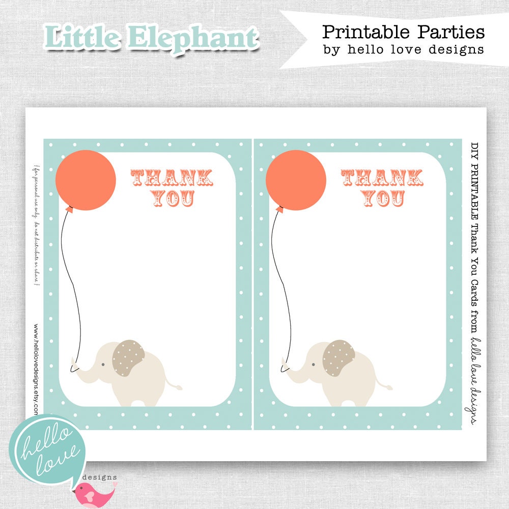 Instant Download Little Elephant Printable Thank You Cards by hello love designs Il_570xn