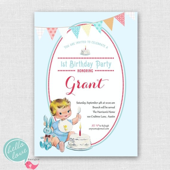 Vintage Baby's First Birthday printable invitation for boy Il_570xn