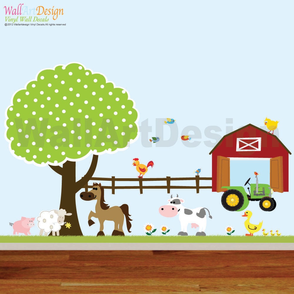 Vinyl Wall Decals Farm Set Tree with Barn,tractor,fence,horse,cow,pig,lamb,ducks,nursery playroom wall sticker mural