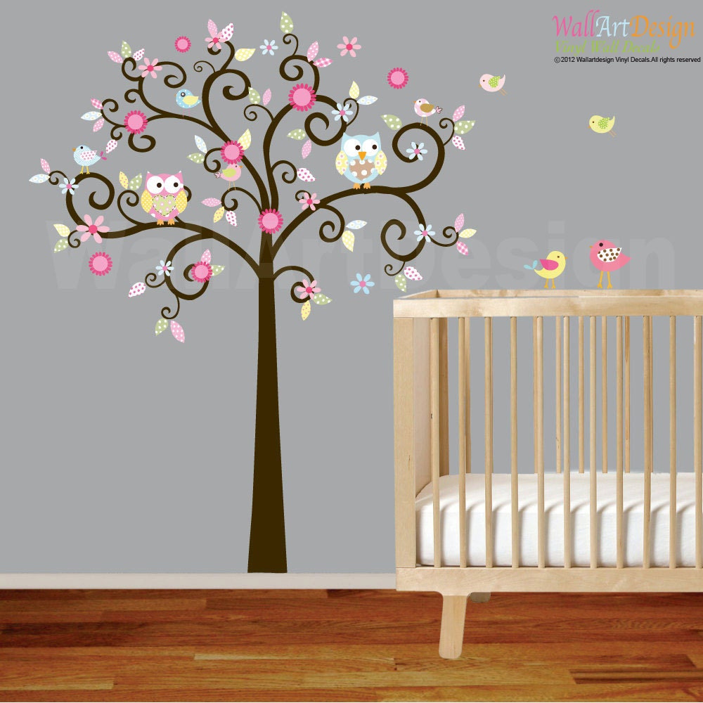 Curly Flower Tree with Owls and Birds Baby Nursery Vinyl Wall Decal Swirl Tree