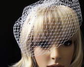 Something Blue ... Russian French Net Birdcage Veil Pouf Style Bridal Cap with Blue Swarovski Crystal Rhinestones Scattered Over the Veil