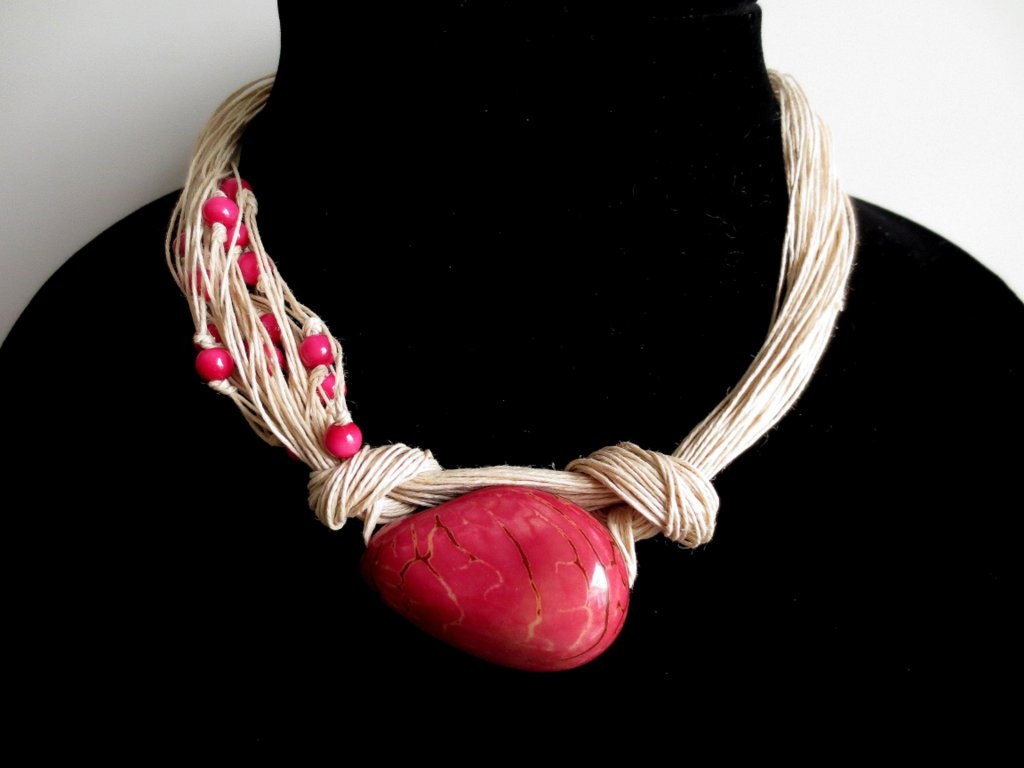 Dark Pink Tagua Nut Beads, Organic Linen Necklace