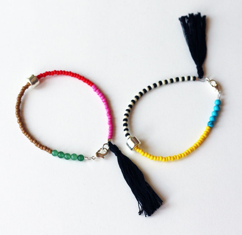Friendship Bracelet - Bracelet with Tassel - Color Block Bracelet - Layering Bracelet - Silver Gem Bracelet