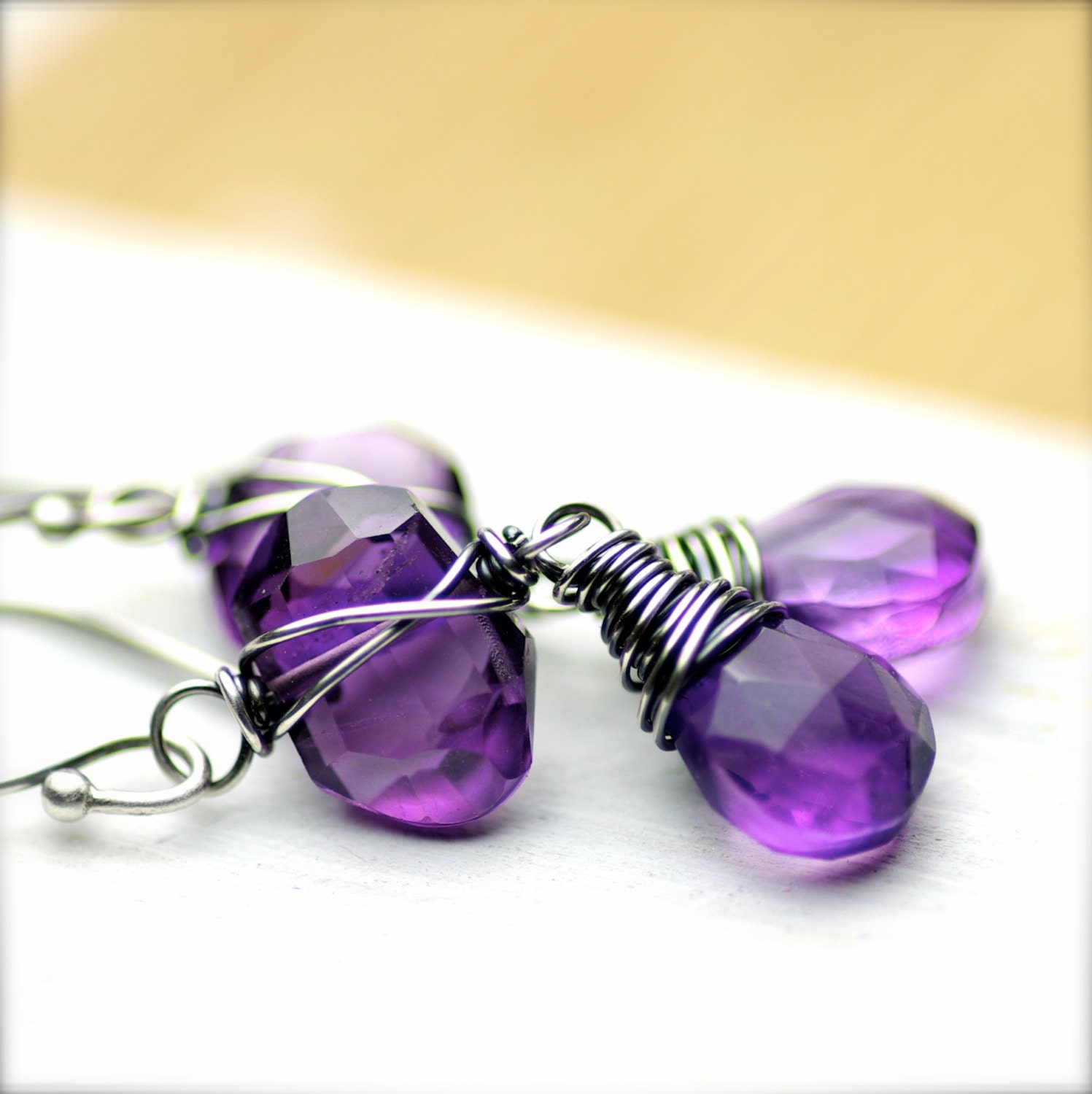 Wire Wrapped Amethyst Earrings on Oxidized Sterling Silver