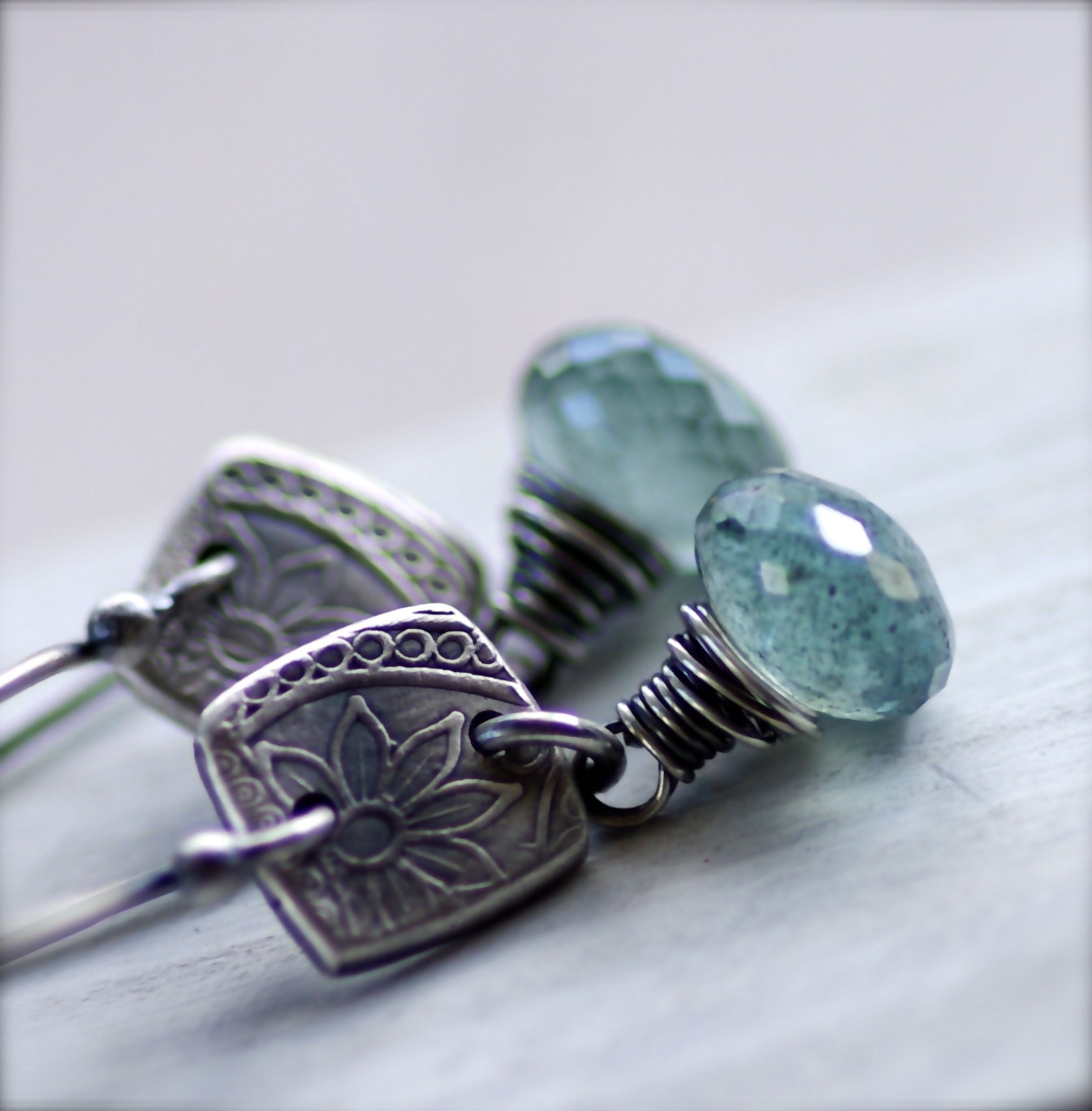 Wire Wrapped Moss Aquamarine Gemstone Earrings  March Birthstone