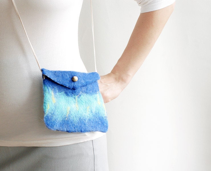 Ocean blue pouch felted mini bag turquoise, yellow purse with wood button mini envelop gift for her, him unisex