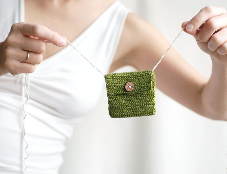 Mini pouch crocheted purse green apple moss grass, cotton minimalist wallet with button, unisex envelop mini bag