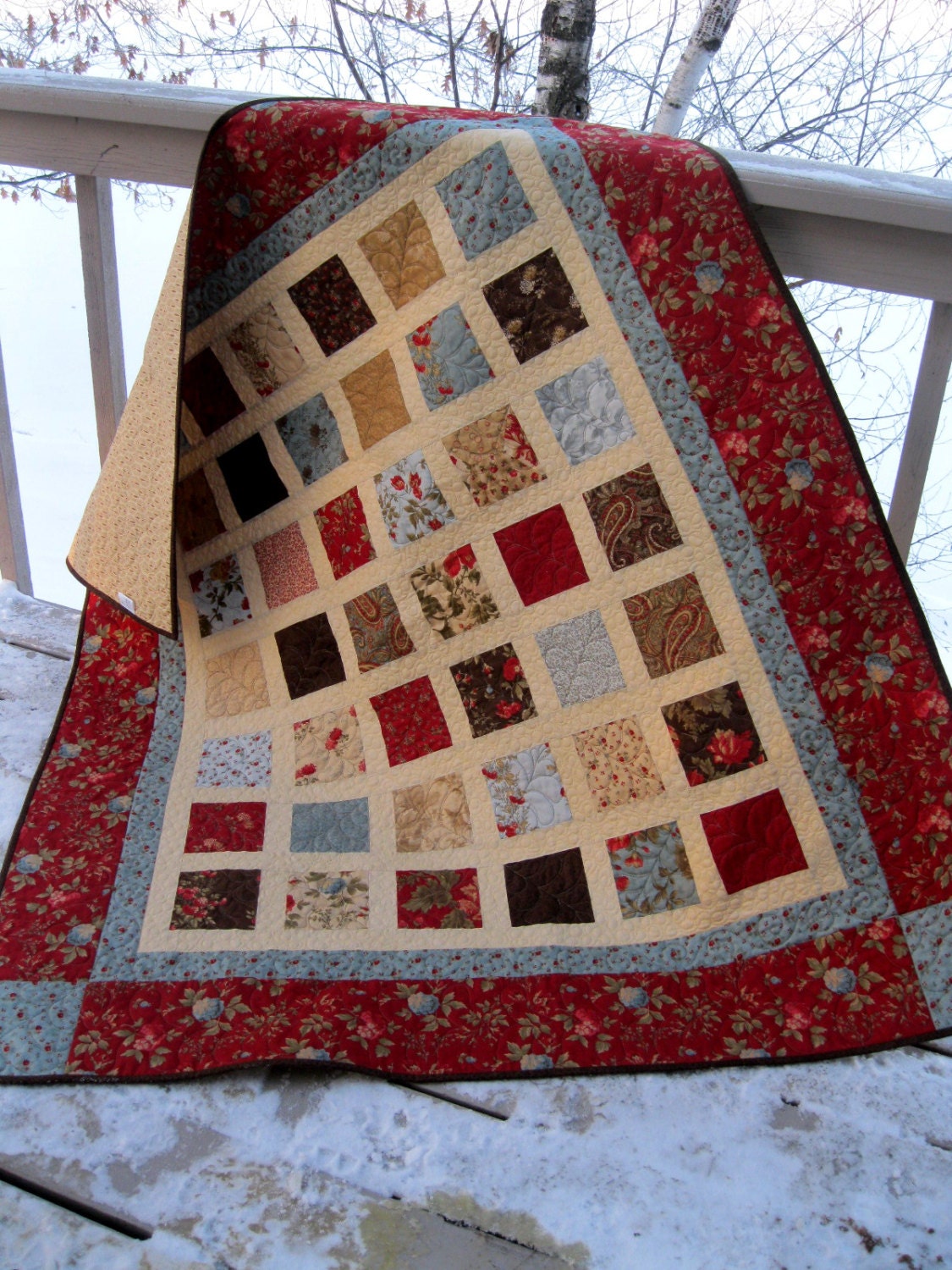 RESERVED Simply DOUBLE CHOCOLAT 54x60 lap quilt in vintage brick red, chocolate brown, tan and french blue