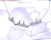 Memorial Day Weekend Sale The Dude Abides Necklace - Big Lebowski Fan Jewelry - Silver Wire Word Phrase Movie Quote Pendant