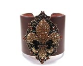 Crystal Fleur de Lis and Brown Leather Cuff Bracelet - French Statement Jewelry