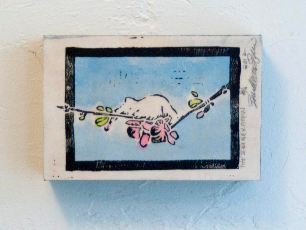 The Spring Kitten Block Print, hand colored, wood mounted