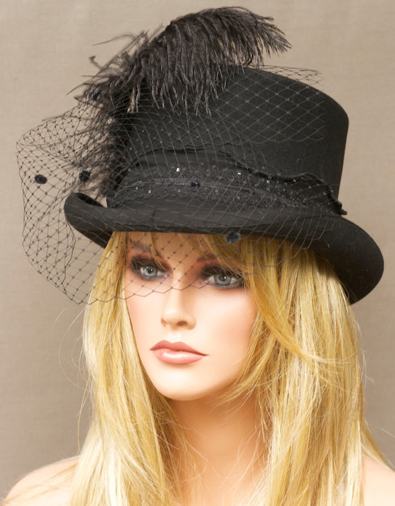 Black Wool Women's Top Hat - Steampunk, Victorian Edwardian Inspired. Kentucky Derby Hat