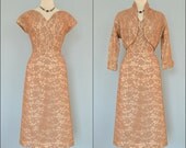Vintage 1950s Cocktail Dress...Beautiful NORMAN ORIGINAL Cafe Au Lait Lace Cocktail Dress Party Dress Wedding Dress