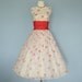 Vintage 1950s Party Dress...Beautiful Flocked Ivory and Crimson Party Dress Bridesmaid Dress Wedding Dress Small