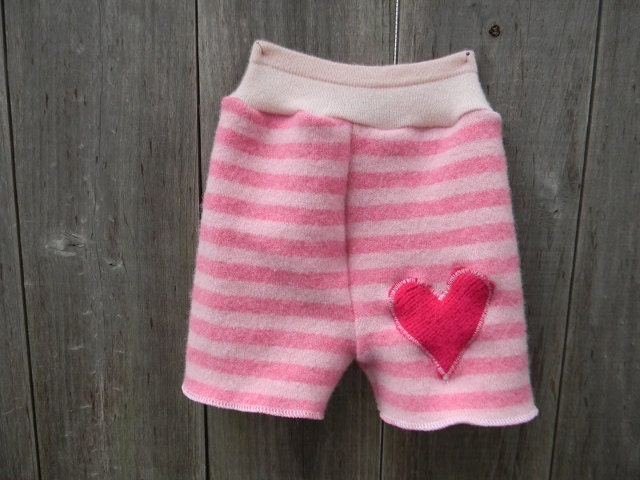 Upcycled Wool Shorties Soaker Diaper Cover Bubblegum Pink Stripes With Heart Applique SMALL 3-6M Kidsgogreen