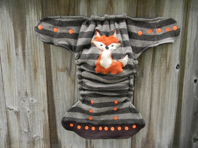 Upcycled Cashmere/Wool Nappy Cover Diaper Wrap Cloth Diaper Cover One Size Cover Brown Stripes With Fox Applique/Black