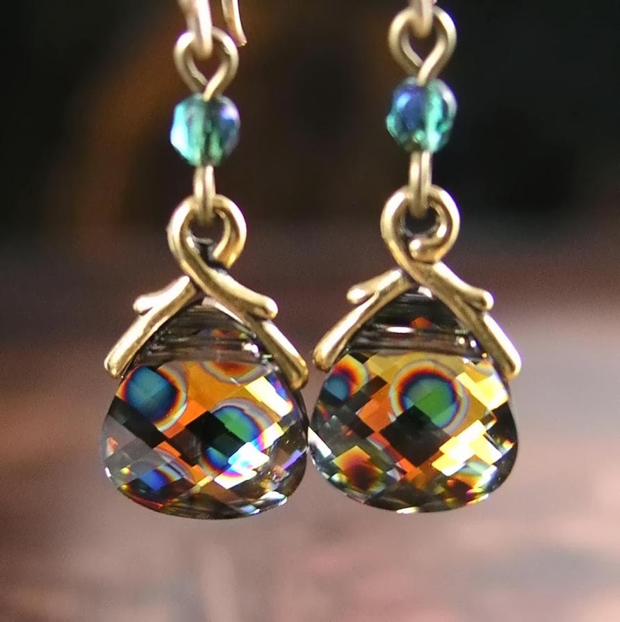 RESERVED for Connie Peacock Earrings Swarovski Royal Peacock Crystal Earrings Antique Gold Vine Blue Green Orange Earrings