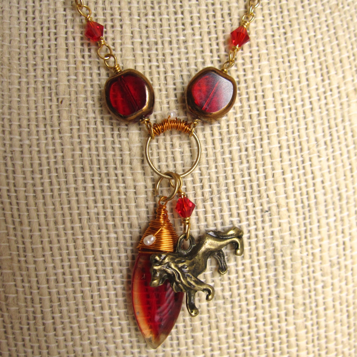 House Lannister - Hear Me Roar Necklace Red Gold Swarovski Crystal and Pearl
