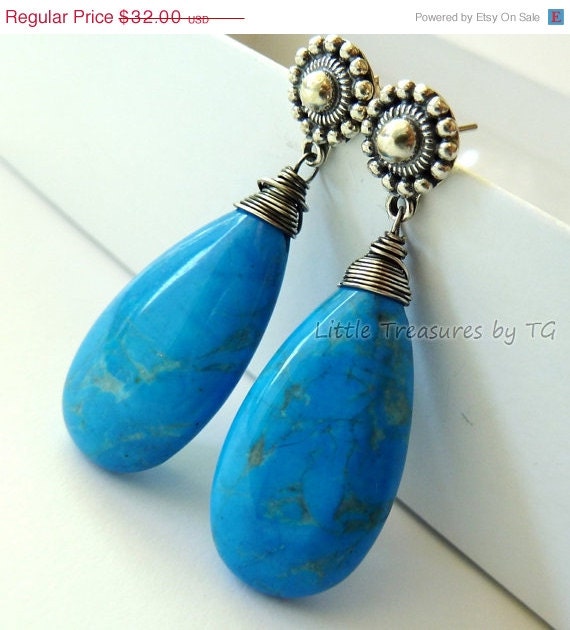 SALE SALE - Cornflower deep blue Howlite Turquoise large smooth briolette on sterling silver post earrings. Statement