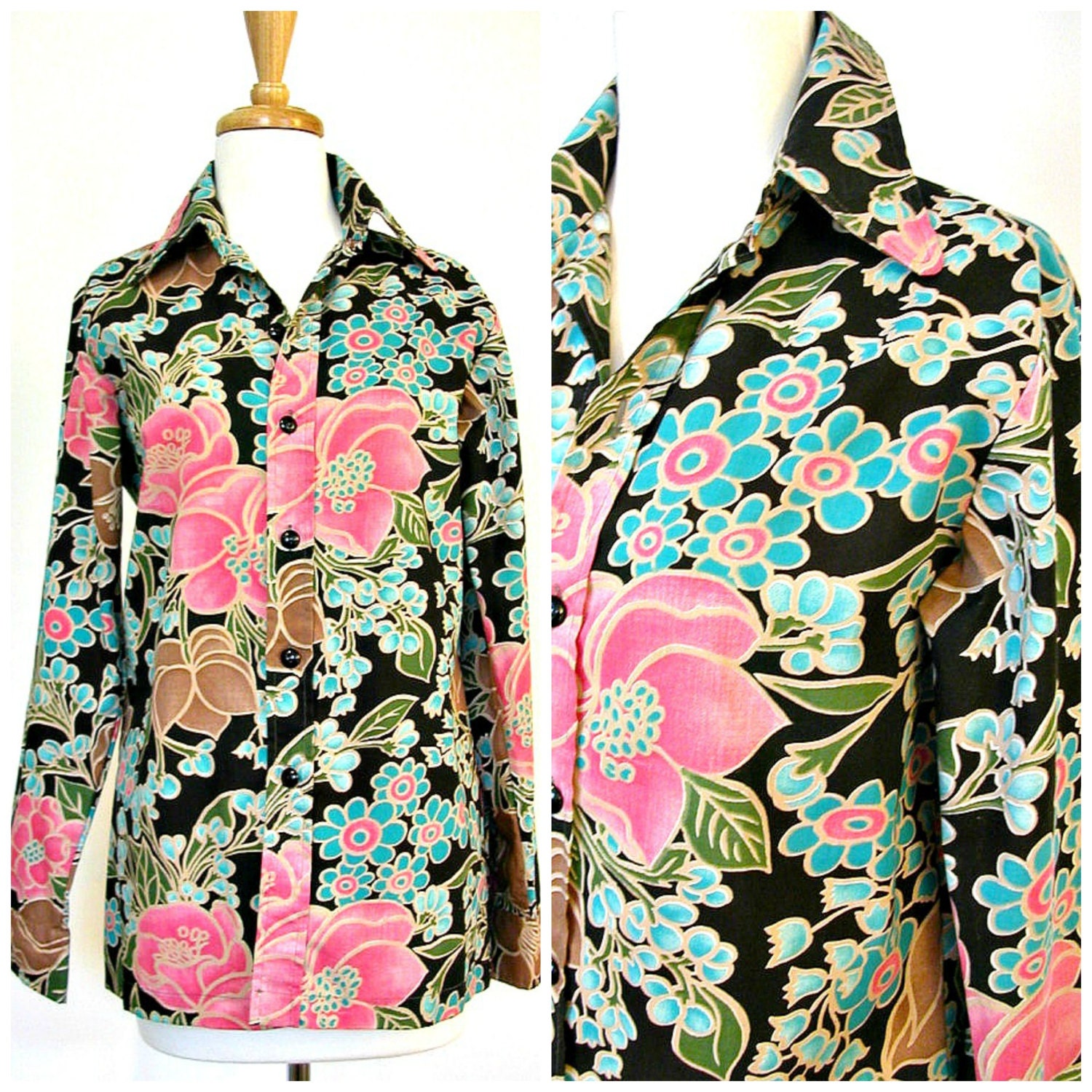1970s Boho Black Shirt / hipster shirt / long sleeve / floral blouse / gypsy top / landlubber / hippie / womens shirt  / med